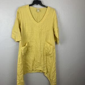 Match Point Tunic Womens Large Yellow 100% Linen Asymetrical Hem Pockets USA